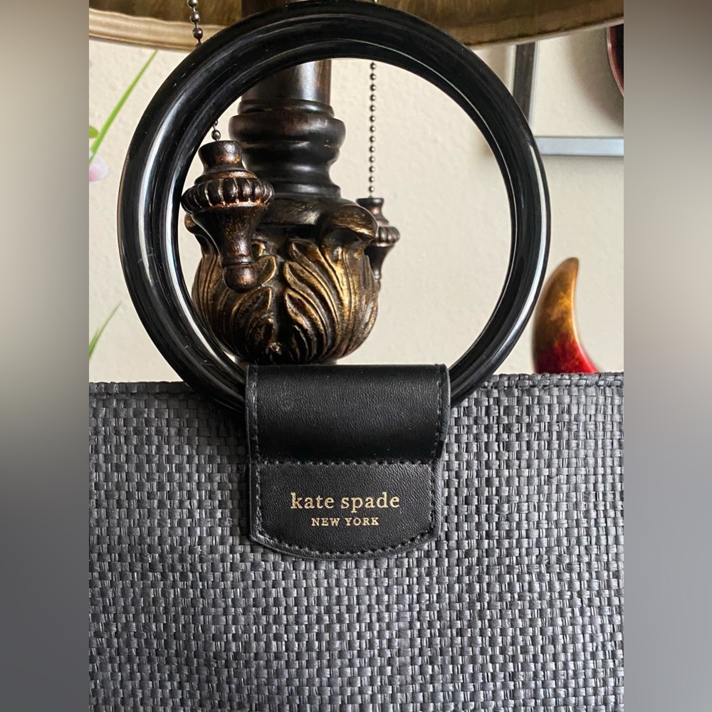 EUC - Kate Spade ♠️ New York Black Raffia Large Tote Bag With Ring Handles - Picture 7 of 13